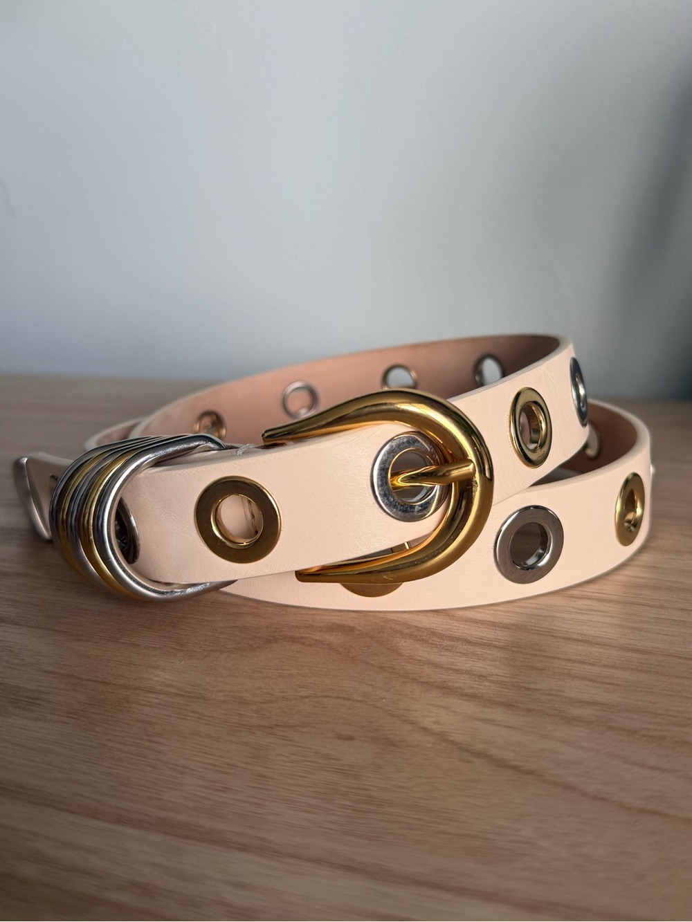 Women's Cream Grommet Belt with Mixed Metal Hardware